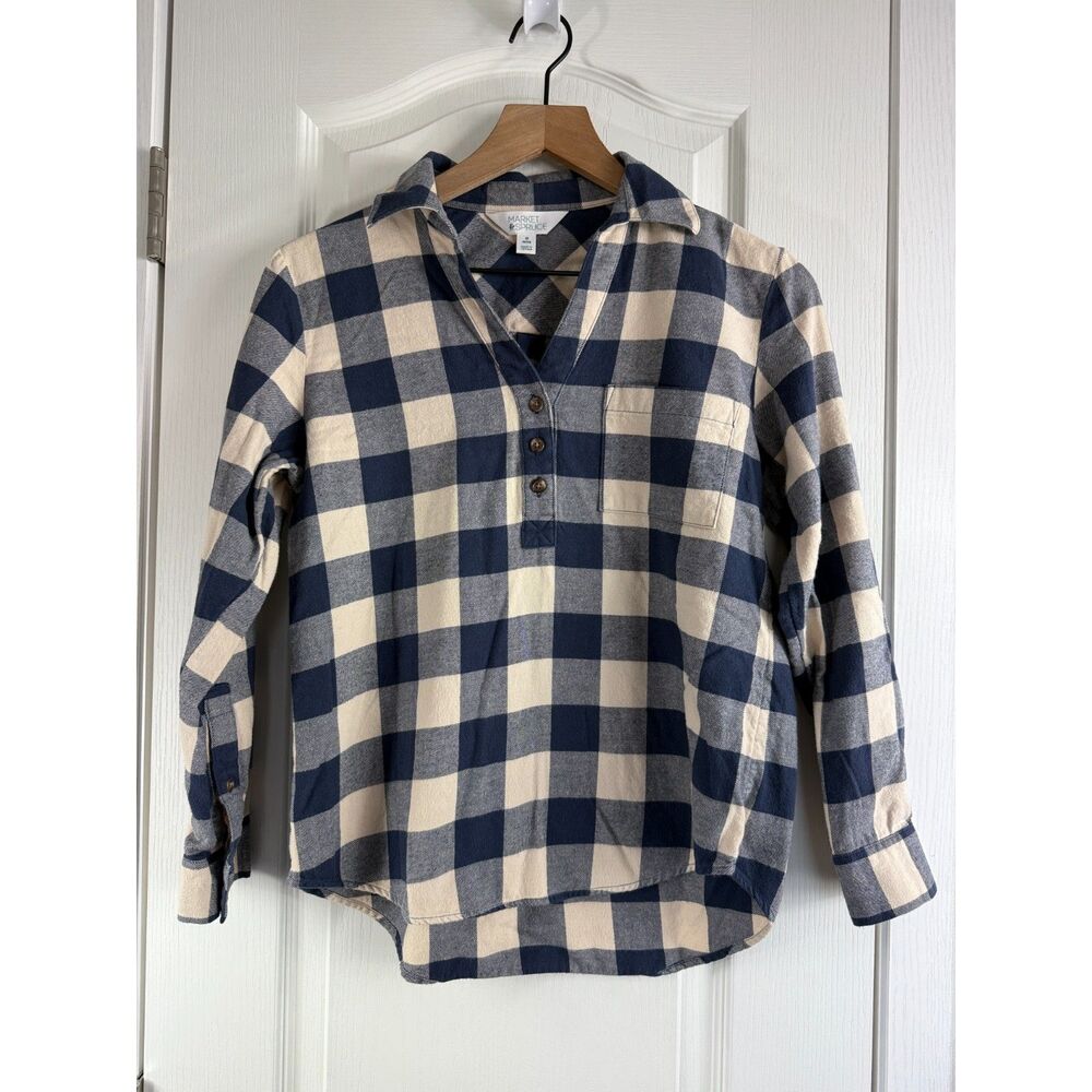 Market & Spruce Plaid Flannel Popover Top Long Sleeve Blue Beige Women's XS Pet.